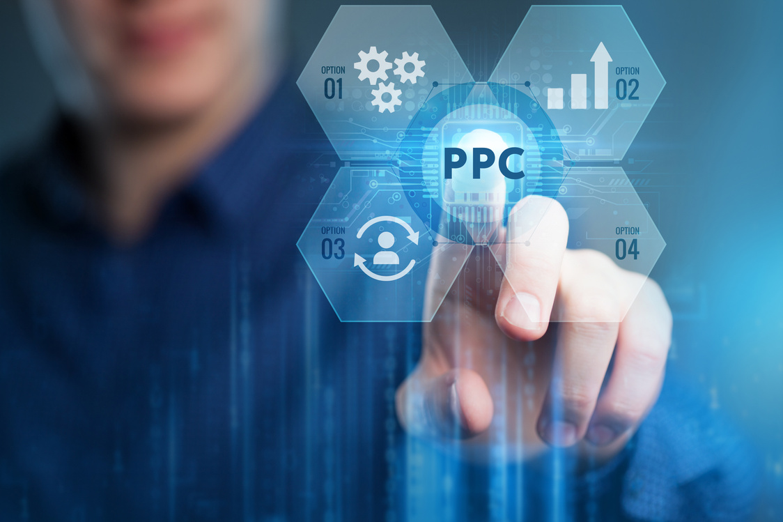 Pay per click payment technology digital marketing internet  concept of virtual screen. PPC